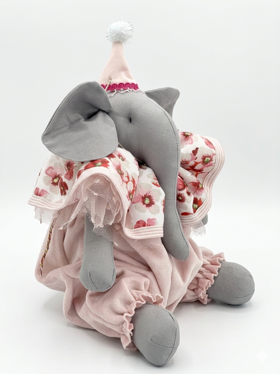Elefante di peluche grigio con cappellino rosa, mantellina a fiori e tulle
