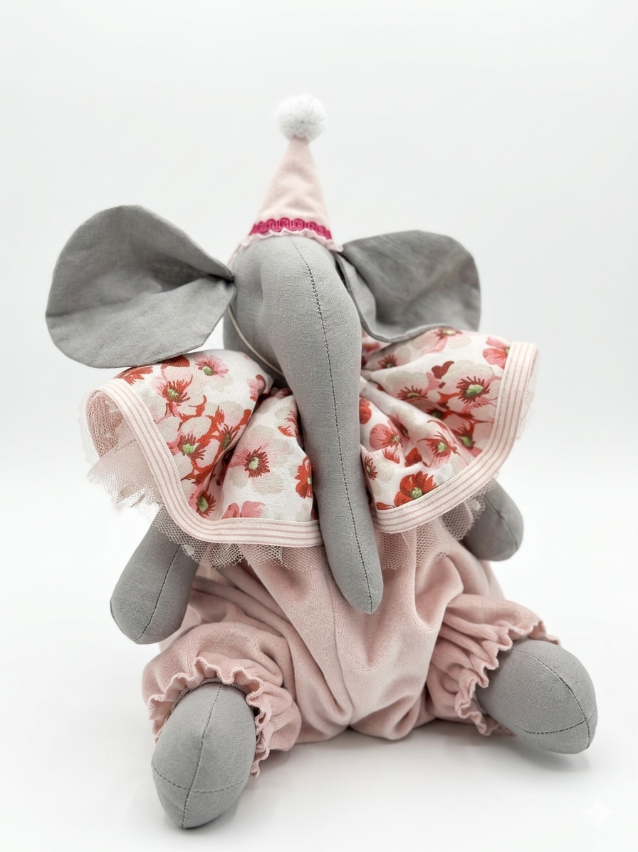 Elefante di peluche grigio con cappellino rosa e abito rosa con fiori rossi