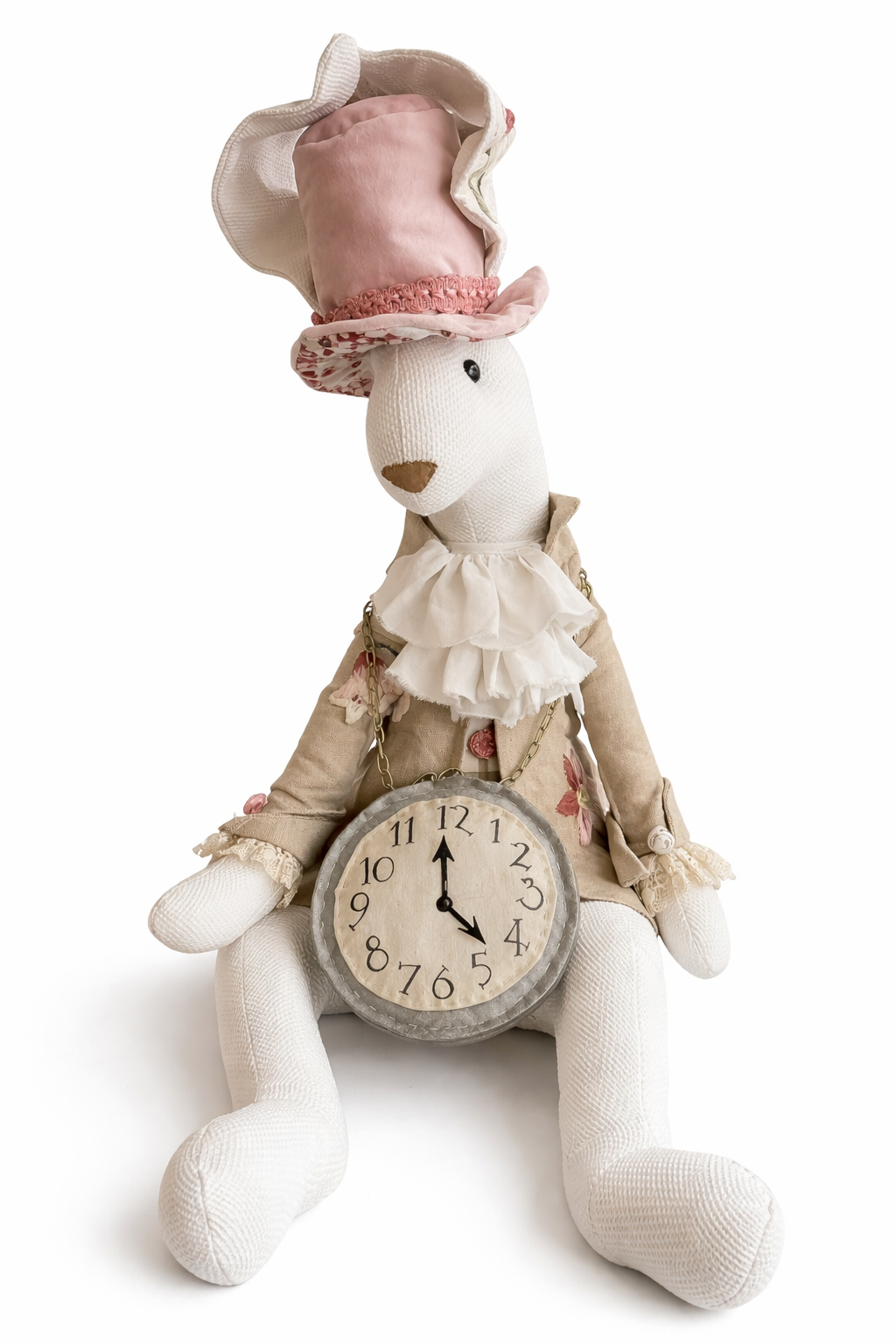 Coniglio gigante in tessuto beige con orologio tondo sul pancino