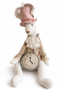 Coniglio gigante in tessuto beige con orologio tondo sul pancino